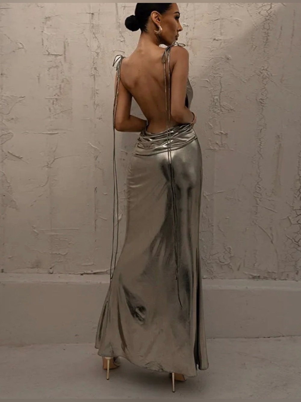 JLUXLABEL Metallic Gold Backless Maxi Dress with Tie Straps